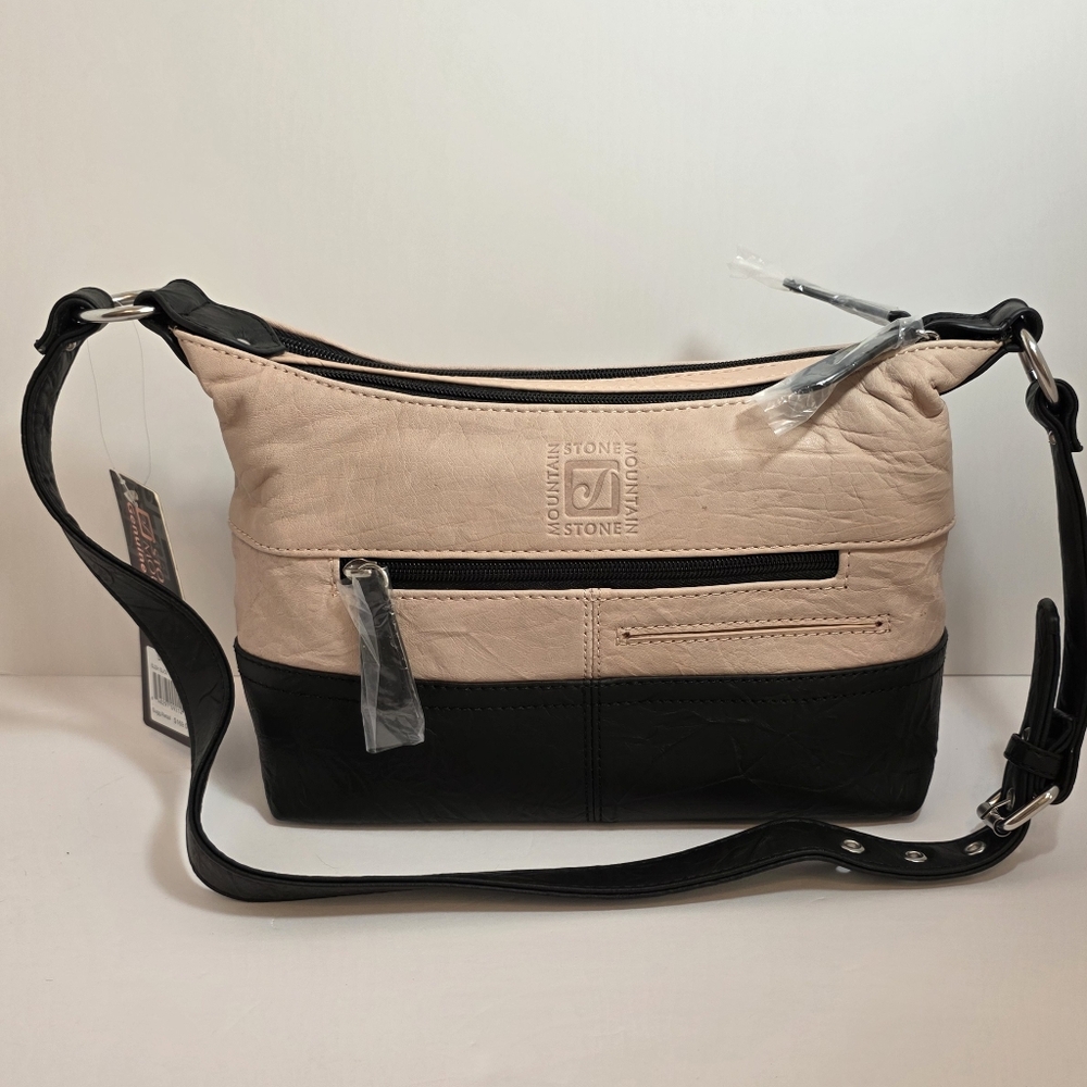 Stone Mountain Leather Shoulder Bag - Adjustable Strap Two-Tone Black and Blush - Picture 2 of 16